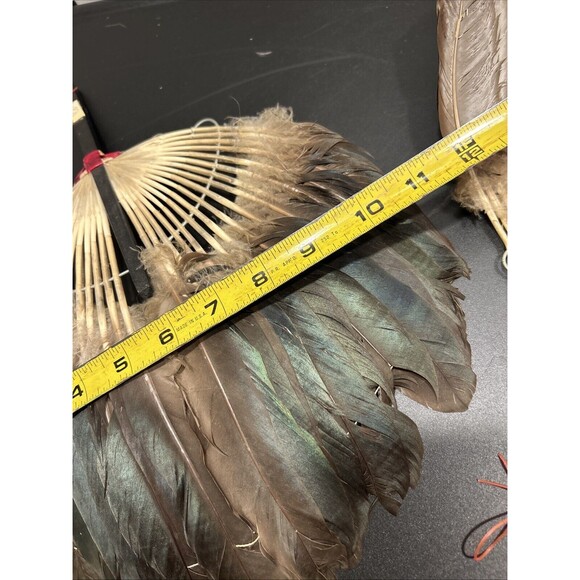 Vintage Asian Chinese Pien Mien Feather Fan Hand Fan Pair Set Of 2 Goose/duck? - Picture 9 of 14